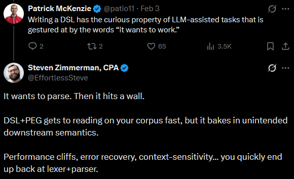 Patrick McKenzie and Steven Zimmerman discuss why DSL parsing hits a wall.